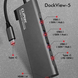 Cliptec USB HUB Adapter, USB Type-C Csatlakozással - 3xUSB 3.1 + USB Type-C + HDMI Aljzattal Szürke