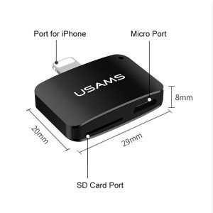 Usams Átalakító adapter Lightning - Micro USB és MicroSD aljzat fekete