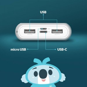 Kivee Powerbank 10000mAh USB + Micro USB + USB-C Koala, fehér
