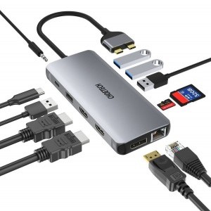 Choetech 12 in1 USB Type-C HUB - USB Type C Thunderbolt 3 100W / 2x HDMI + 1x DisplayPort 4K @ 60Hz / 2x USB 3.2 Gen 1 / 2x USB 2.0 / SD and microSD card reader / RJ45 Ethernet 1Gbps / 3.5 mm mini jack szürke