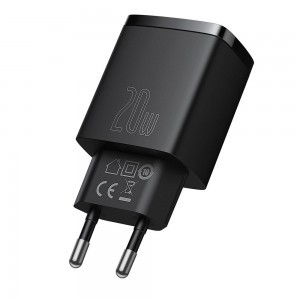 Baseus Compact hálózati töltő adapter USB Type-C / USB-A 20W 3A PD QC3.0 fekete (CCXJ-B01)