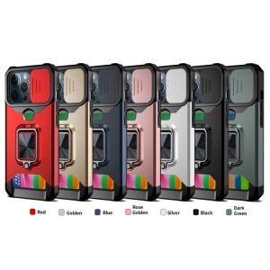 iPhone 13 mini Ring Armor tok kameralencse védővel, kihajtható támasszal, kártyatartóval rózsaszín (ip-13-mini-ring-armor-pink)