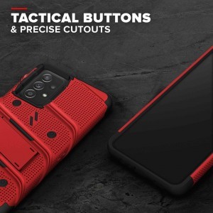 Zizo Bolt Samsung Galaxy A52 5G/A52S katonai minősítésű ütésálló tok övcsipesszel + üvegfólia piros-fekete