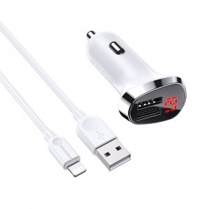 Borofone BZ15 Univerzális autós töltő LCD 2.4A 2x USB + Lightning kábel 1m fehér