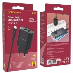 Borofone BN2 Hálózati töltő adapter 2xUSB 2.1A + USB Type-C kábel fekete