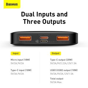 Baseus Bipow Powerbank 10000mAh 2xUSB / 1xUSB Type-C PD3.0 QC3.0 20W fekete (PPDML-L01)