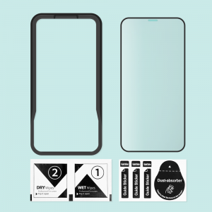 iPhone 12 Mini kijelzővédő fekete keretes üvegfólia, felhelyezést segítővel 5D 0.33mm 9H Alphajack