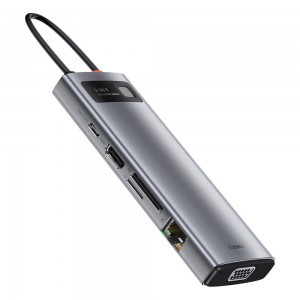 Baseus Metal Gleam 9in1 HUB USB Type C - 3x USB 3.2 Gen1 5Gbps / USB Type C PD 100W / VGA 1080p 60Hz / HDMI 4K 30Hz /  TF és SD kártyaolvasó/ RJ45 1Gbps szürke (CAHUB-CU0G)