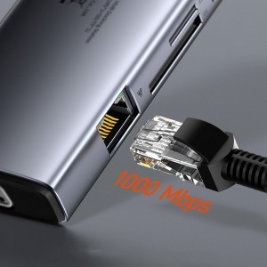 Baseus Metal Gleam 9in1 HUB USB Type C - 3x USB 3.2 Gen1 5Gbps / USB Type C PD 100W / VGA 1080p 60Hz / HDMI 4K 30Hz /  TF és SD kártyaolvasó/ RJ45 1Gbps szürke (CAHUB-CU0G)