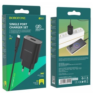 Borofone BN1 Hálózati töltő adapter USB 2.1A + Micro USB kábel fekete