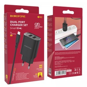 Borofone BN2 Hálózati töltő adapter 2x USB 2.1A + Lightning kábel fekete