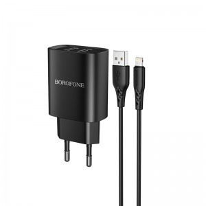 Borofone BN2 Hálózati töltő adapter 2x USB 2.1A + Lightning kábel fekete