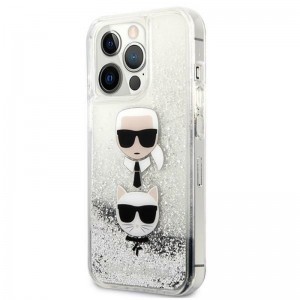 iPhone 13 Pro Max Karl Lagerfeld Liquid Glitter Karl és Choupette Head tok ezüst (KLHCP13XKICGLS)