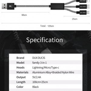 Dux Ducis USB K-ONE 3 az 1-ben kábel 120cm
