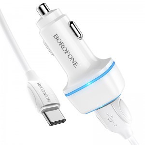 Borofone B14 Max Szivargyújtós töltő 2x USB, 2.4A + USB Type-C kábel fehér