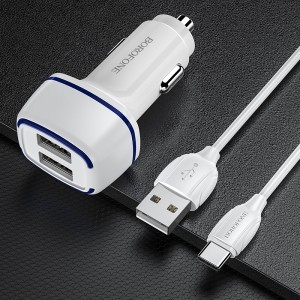 Borofone B14 Max Szivargyújtós töltő 2x USB, 2.4A + USB Type-C kábel fehér