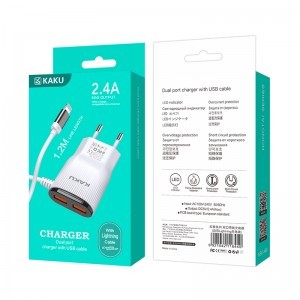 Kaku Hongtai Hálózati töltő adapter 2x USB - 2.4A integrált lightning kábellel fehér