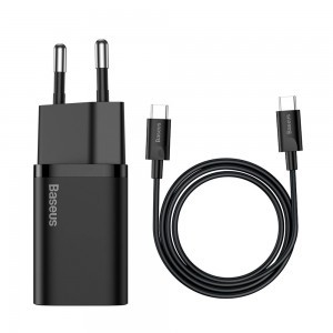 Baseus Super Si 1C Hálózati töltő adapter USB Type-C 25W 3A fekete + 1m kábel (TZCCSUP-L01)