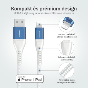 Lightning iPhone kábel 1.5m USB-A fejjel MFi Alphajack (AL15-BW) kék/fehér