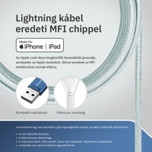 Lightning iPhone kábel 1.5m USB-A fejjel MFi Alphajack (AL15-BW) kék/fehér