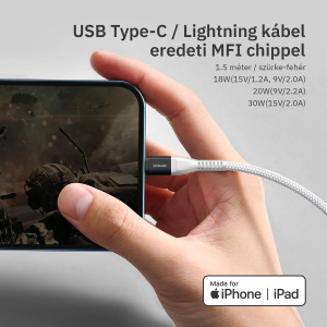 Lightning iPhone kábel 1.5m Type-C fejjel MFi Alphajack (CL15-WG) fehér/szürke