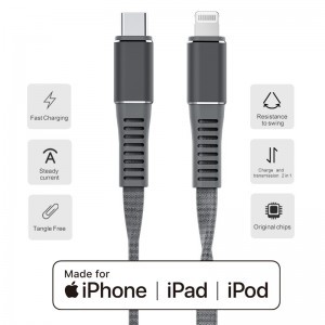 MFi iPhone töltőkábel USB-C - lightning 1m szürke (CA-08)