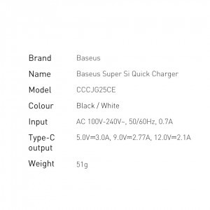 Baseus Super Si 1C gyors töltő fali adapter USB Type C 25W fekete