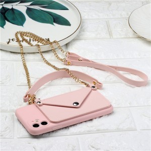 iPhone 13 Pro Max TPU tok bőr pénztárcával és pánttal rózsaszín színben Alphajack