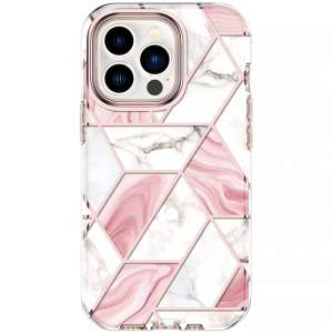 iPhone 14 Pro Max márvány mintás 360 fokos védelmet biztosító TPU tok kijelzővédővel, rózsaszín Alphajack