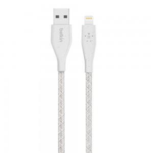 Belkin DuraTek Plus Lightning - USB-A kábel 3m, bőr kötegelővel, fehér (F8J236bt10-WHT)