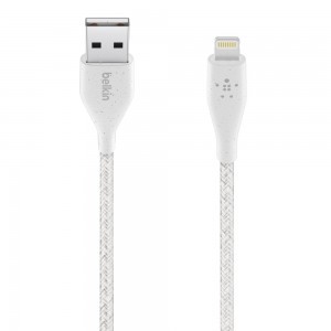 Belkin DuraTek Plus Lightning - USB-A kábel 3m, bőr kötegelővel, fehér (F8J236bt10-WHT)