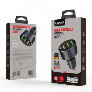 LDNIO autós szivargyújtós töltő QC 3.0 3x USB + micro USB - Type C kábel