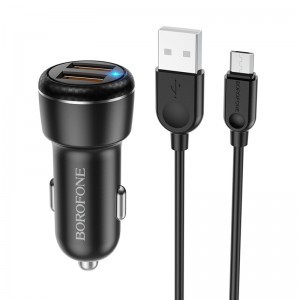 Borofone BZ17 Univerzális autós töltő 2x USB - QC 3.0 18W 3A + USB - Micro USB kábel fekete