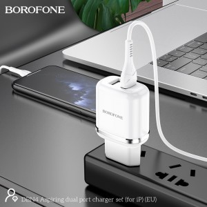 Borofone Aspiring DBN4 töltő adapter 2xUSB 2.4A + USB - Lightning töltő kábel fehér