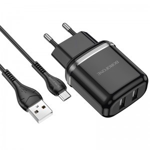 Borofone Aspiring DBN4 töltő adapter 2xUSB 2.4A + USB - micro USB töltő kábel fekete