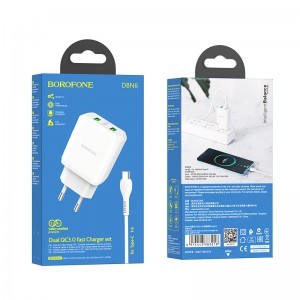 Borofone Charmer DBN6 hálózati töltő adapter 2xUSB QC 3.0 18W 3A + USB - Type C kábel fehér