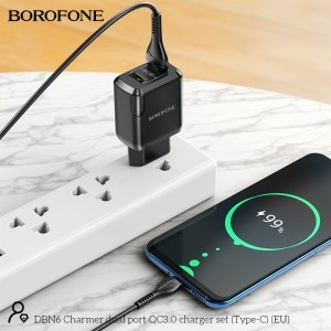 Borofone Charmer DBN6 hálózati töltő adapter 2xUSB QC 3.0 18W 3A + USB - Type C kábel fekete