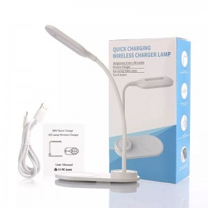Vezetékes asztali LED lámpa flexibilis fejjel és vezeték nélküli Qi telefon töltéssel fehér