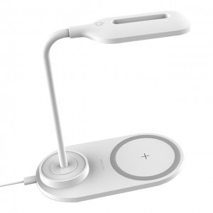Vezetékes asztali LED lámpa flexibilis fejjel és vezeték nélküli Qi telefon töltéssel fehér