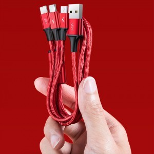 Baseus 3in1 Nylon harisnyázott USB/Type-C/Micro-USB/Lightning kábel 3.5A/1.2m piros (CAJS000009)