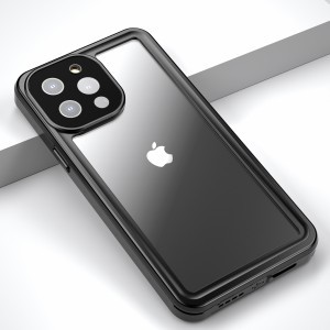 iPhone 13 Pro Max 360 fokos védelmet biztosító IP68 vízálló tok kijelzővédővel, átlátszó, fekete-szürke kerettel