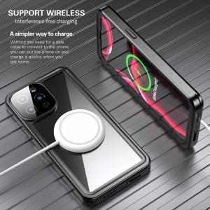 iPhone 13 Pro Max 360 fokos védelmet biztosító IP68 vízálló tok kijelzővédővel, átlátszó, fekete-szürke kerettel