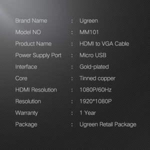 Ugreen átalakító adapter, konverter HDMI - VGA micro USB tápellátással 1.5m fekete (MM101)