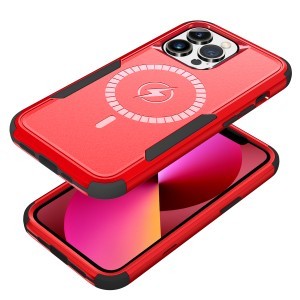 iPhone 13 3 az 1-ben ütésálló MagSafe-kompatibilis mágneses tok piros-fekete Alphajack