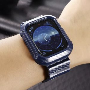 Apple Watch 4/5/6/7/8/SE (42/44/45mm) karbon mintás óraszíj és tok kék