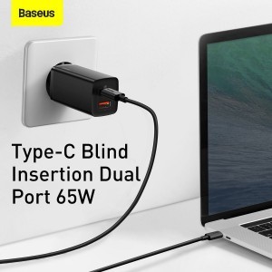 USB + Type C - Baseus hálózati töltő fej - QC 3.0 PD 3.0 65W 3A (CCGAN2L-B01) fekete