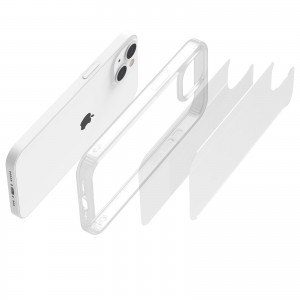 iPhone 14 átlátszó TPU tok edzett üveg hátlappal, fehér kerettel Alphajack