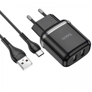 Fali Töltő 2,4A 2xUSB + Kábel 1m USB Type C Hoco N4 USB USB-C fekete