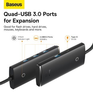 Baseus Adapter HUB - Type C - 4xUSB3.0 - 2m (WKQX030501) fekete