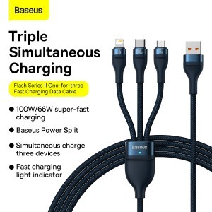Baseus 3 az 1-ben USB - USB Type C, Lightning, Micro USB kábel 100W 6A 1.2m (CASS030003) kék